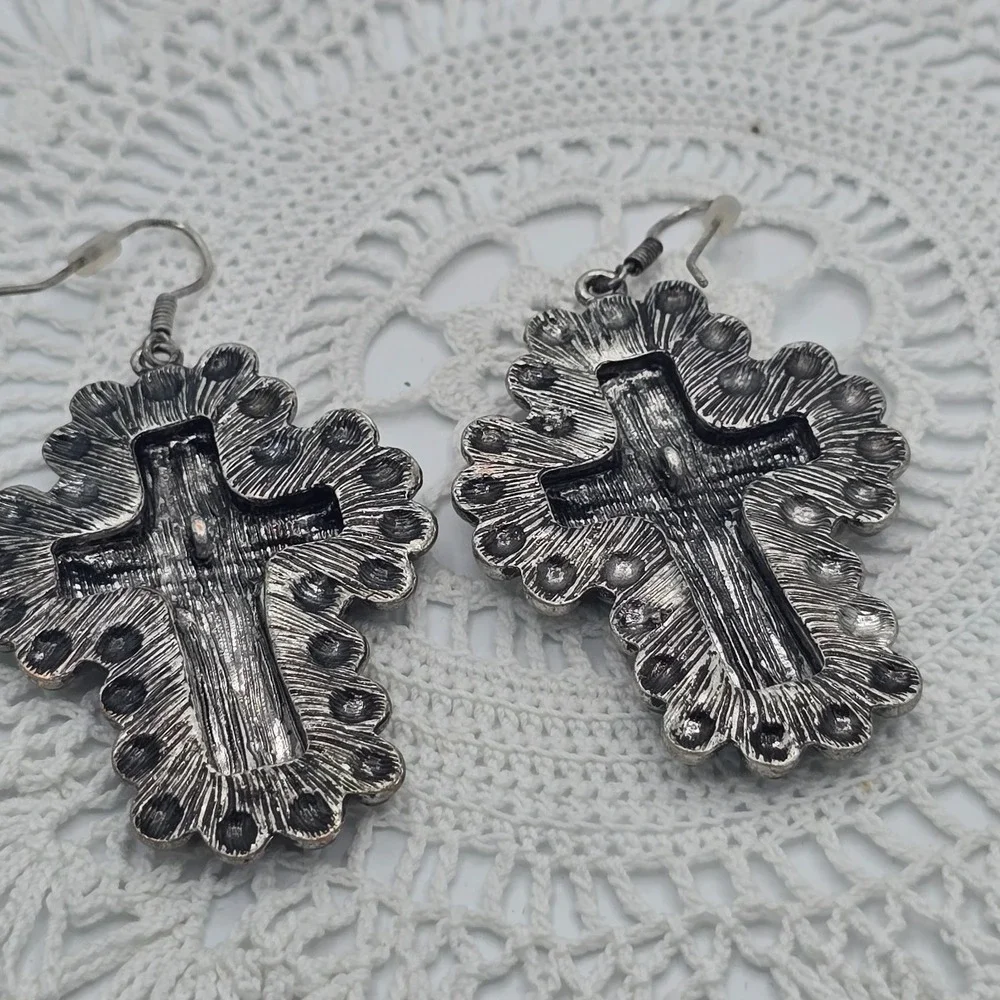 Blue Enamel Rose Floral Cross Earrings Rhinestones Silver tone Dangle 2